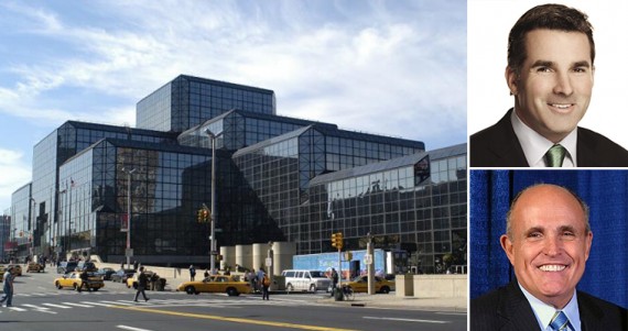 The Javits Center (inset from top: Kevin Plank and Rudolph Giuliani)