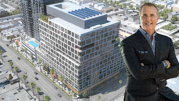 Rendering of the project at 5901 Sunset Boulevard and Hudson Pacific CEO Victor Coleman