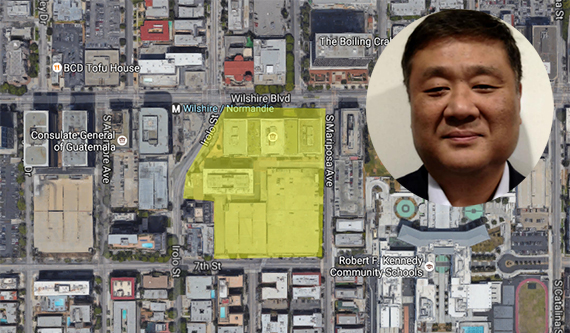 Jamison founder and CEO David Lee and the development site along Wilshire Boulevard