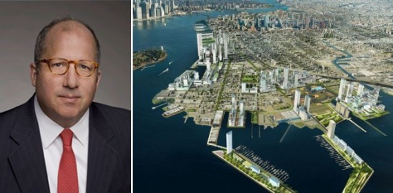 <em>Chris Ward and a rendering of Red Hook waterfront redevelopment (credit: AECOM)</em>