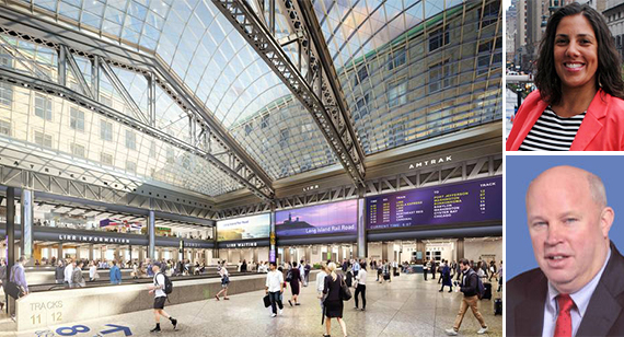 Rendering of the Moynihan Train Hall (inset from top: Veronica Vanterpool and MTA's Thomas Pendergast)