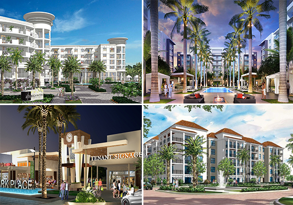 Clockwise from top left: Renderings of Altis Boca Raton, Allure Boca Raton, 850 Boca Apartments and Schmier and Feurring's Park Place
