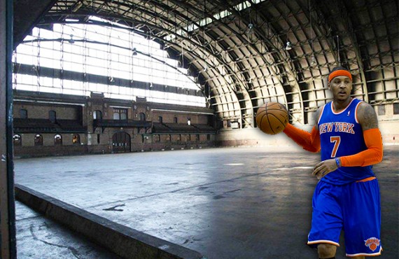 Bedford-Union Armory in Crown Heights (credit: Brooklyn Borough President) and Carmelo Anthony