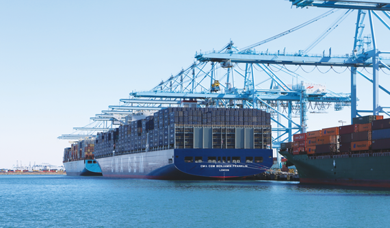 The CMA CGM Benjamin Franklin, one of the largest cargo container ships in the world, docked at the deep-water ports in Los Angeles and Long Beach in 2015.