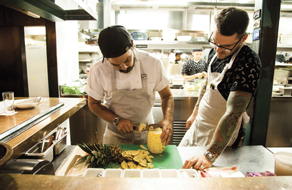 Louis Tikaram, the executive chef of E.P. &amp; L.P., at left, with sous chef Richard Gregory.