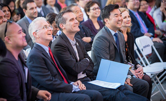 Mayor Eric Garcetti and Councilmember David Ryu sit next to each other at a concert (Credit: Ryu's Facebook page)