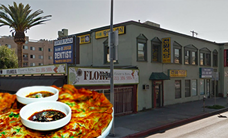 The plaza at 3100 West 8th Street and a photo of Jun Won's seafood pancake