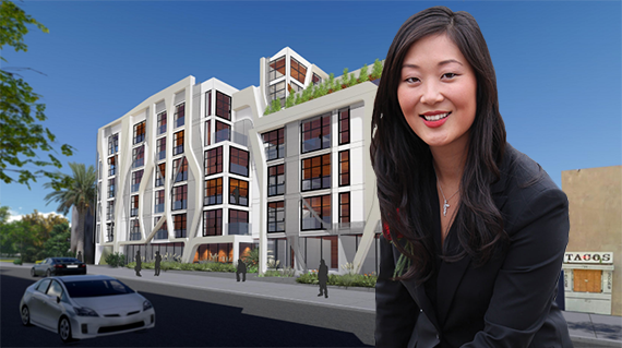 Jaime Lee and a rendering of the complex at 1718 North Las Palmas Avenue