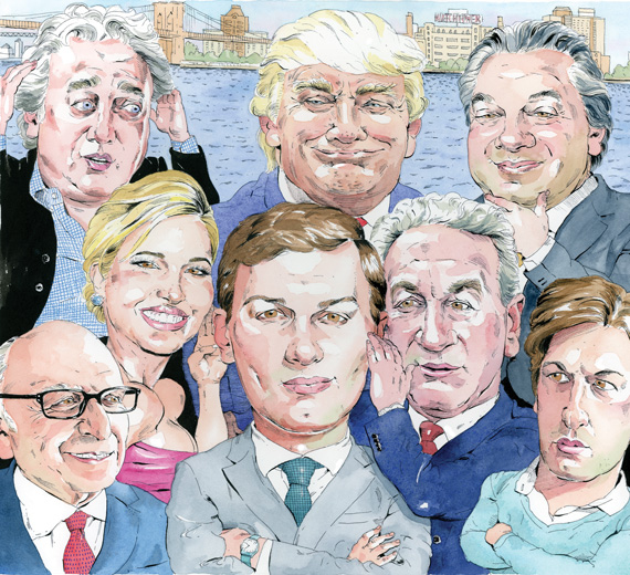 From top left going clockwise, Aby Rosen, Donald Trump, Marc Holiday, Josh Kushner, Charles Kusner, Jared Kushner, Ivanka Trump and Horward Lorber (Illustration by Paul Kisselev)