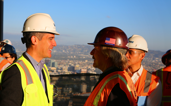 Los Angeles Mayor Eric Garcetti at the construction site of the Wilshire Grand, DTLA’s tallest tower in development, which is slated to open in 2017.