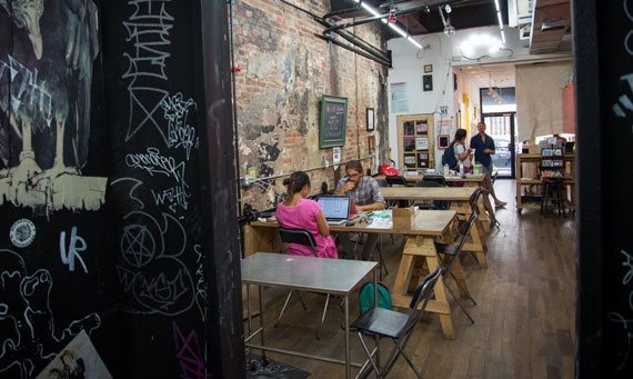 One of the co-working areas at Con Artist Collaborative (Photo: Michael Hicks for The Real Deal)