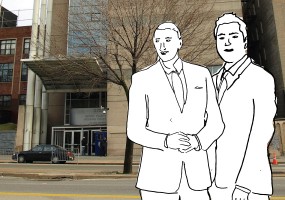 Illustration of lawyers outside of the Bronx Housing Civil Court