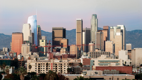 A rendering of the L.A. skyline after completion of the Wilshire Grand tower, with a spire that will reach 1,100 feet when the building is completed in 2017.