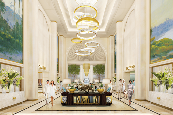 A rendering of the lobby of the Waldorf Astoria being built in Beverly Hills.