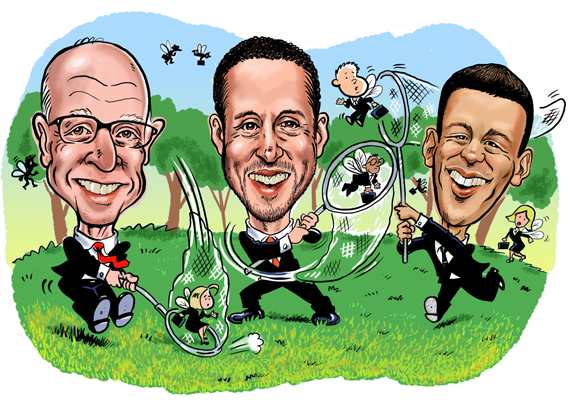 The firms of Douglas Elliman’s Howard Lorber (left), The Agency’s Mauricio Umansky (middle) and Compass’ Robert Reffkin (right) have all poached top producers from other brokerages. (Illustration by Guy Parsons)