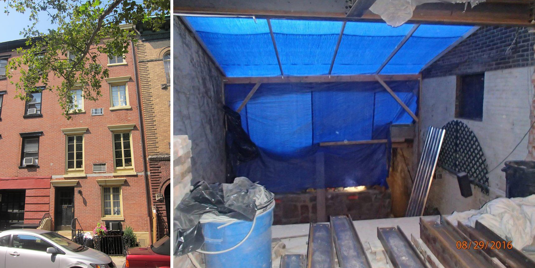 35 Perry Street and the wood-and-tarp frame hiding the 7-foot excavation behind the landmarked building (credit: NYC DOB)