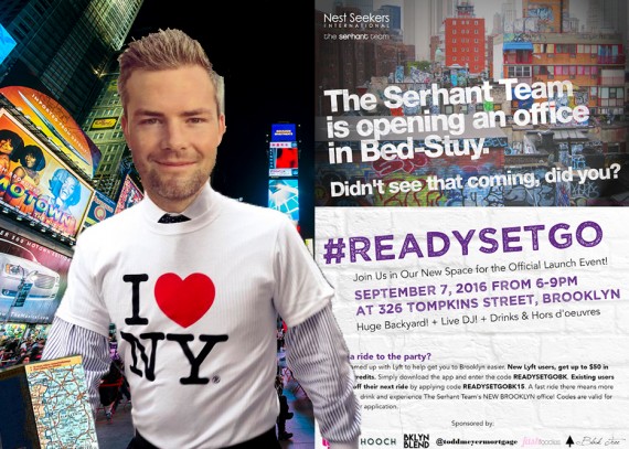 <em>From left: Ryan Serhant and ad for new Bed-Stuy office</em>