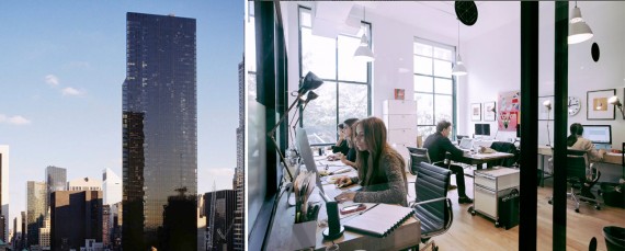 Metropolitan Tower at 142 West 57th Street (credit: Macklowe Properties) and a WeWork space at 135 East 57th Street