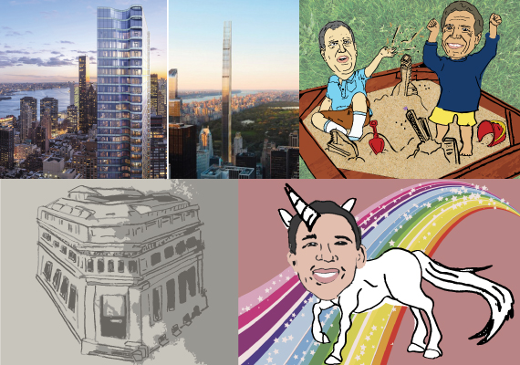 From clockwise: 252 East 57th Street, 111 West 57th Street, an illustration of Bill de Blasio and Andrew Cuomo, Robert Reffkin drawn as a unicorn and 23 Wall Street in the Financial District (illustration by Lexi Pilgrim for <em>The Real Deal</em>)