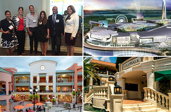 Clockwise from left: Emon Reiser, Kristen Mueller, Michael Comras, Sara Wolfe, Tom Roth and Cristina Lumpkin; Rendering of American Dream Miami; CocoWalk; and the Shops at Sunset Place