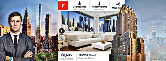 From left: Jared Kushner, 45 East 22nd Street, a screenshot of Rentlogic and 100 Barclay