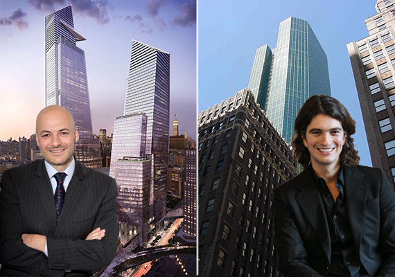 From left: Coach CEO Victor Luis and a rendering of 10 Hudson Yards, WeWork CEO Adam Neumann and 12 East 49th Street