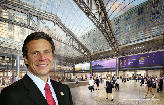 Andrew Cuomo and a rendering of Moynihan Station