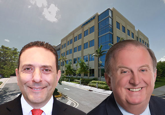 750 Park of Commerce Boulevard (Inset: Workspace Property Trust CEO Thomas Rizk and Liberty Property Trust CEO William Hankowsky