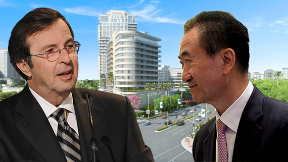 Beny Alagem, Wanda Group CEO Wang Jianlin and a rendering of Alagem's 26-story tower in his Beverly Hilton project (Credit: Getty, Beverly Hilton)