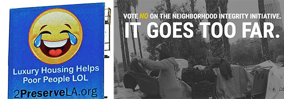 Left, an ad in support of the Neighborhood Integrity Initiative and right, campaign imaging from the Coalition to Preserve L.A. Neighborhoods and Jobs