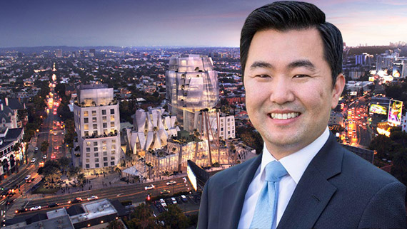 Council member David Ryu and a rendering of Frank Gehry’s design for 8150 Sunset Boulevard