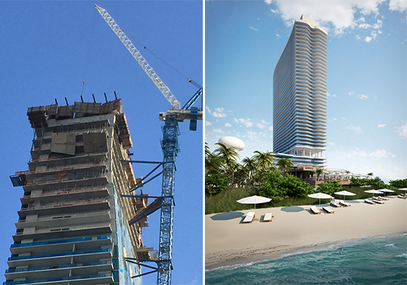 Construction materials hanging from Echo Brickell (Credit: Hiten Samtani) and a rendering of Hyde Resort &amp; Residences Hollywood