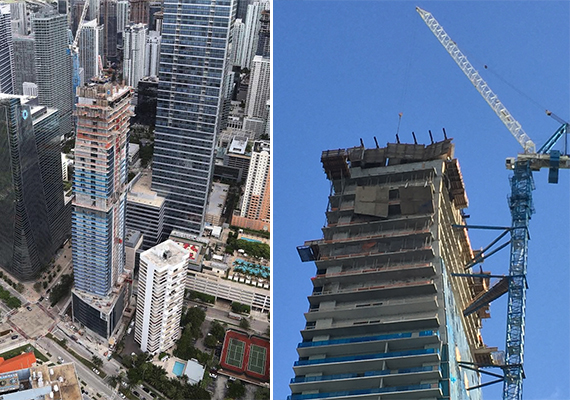 The Echo Brickell tower as of September, left, and construction materials hanging from the building (Credit: Hiten Samtani)