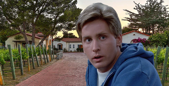 Emilio Estevez as Andrew in "The Breakfast Club" and his vineyard at 7013 Dume Drive (Credit: Zillow, inset c/o Universal Pictures)