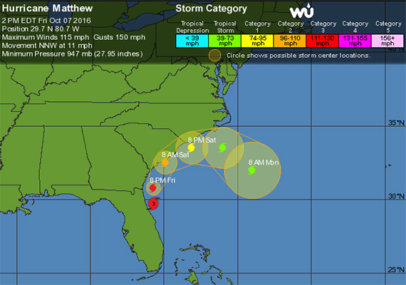 Hurricane Matthew's predicted path as of Friday (Credit: Weather Underground)