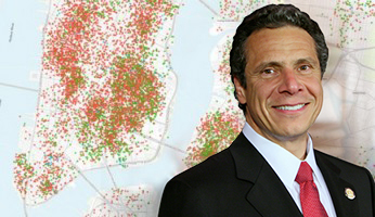 Map of Airbnb listings (credit: Inside Airbnb) and Andrew Cuomo