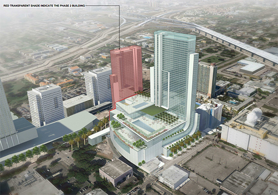 Rendering of the Marriott Marquis Miami Worldcenter Hotel &amp; Expo. The second phase is highlighted in red.