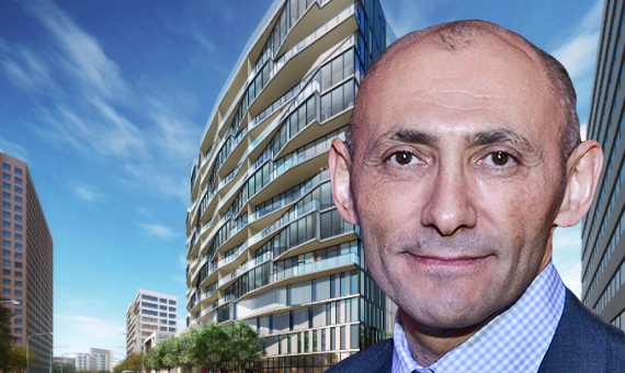 Neil Shekhter and a rendering of NMS Properties' Wilshire &amp; La Jolla tower at 6401 Wilshire Boulevard (Credit: Urban Land Institute, Steinberg Architects)