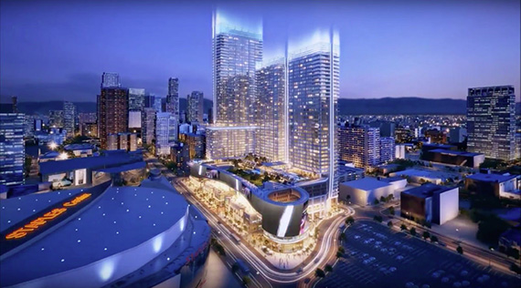Rendering of Oceanwide Plaza on the block bounded by Figueroa, 11th, 12th and Flower Streets (Credit: Skyscraper forum)