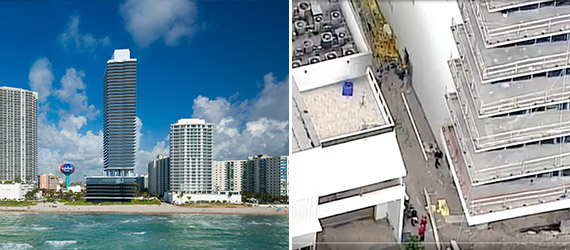 Rendering of Hyde Resort &amp; Residences Hollywood Beach and a screenshot from the scene (via WSVN)