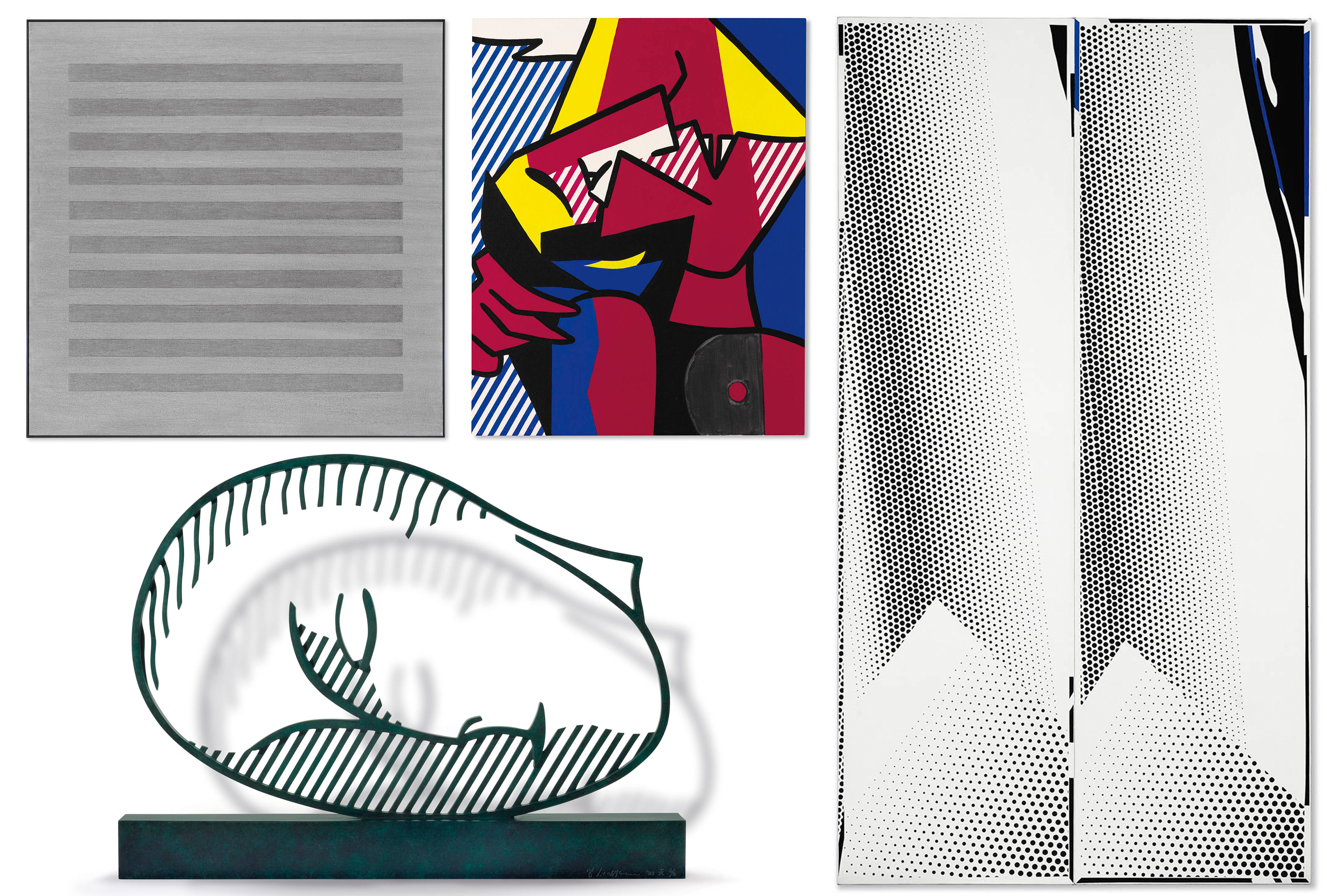 Pieces in Robert Olnick's art collection (clockwise from left: An acrylic and graphite-on-canvas work from 1983 by Agnes Martin, <em>Despair</em>, from 1979, by Roy Lichtenstein, <em>Double Mirror</em>, from 1970, by Roy Lichtenstein and a 1983 patinated bronze sculpture by Roy Lichtenstein) (credit: Christie's)