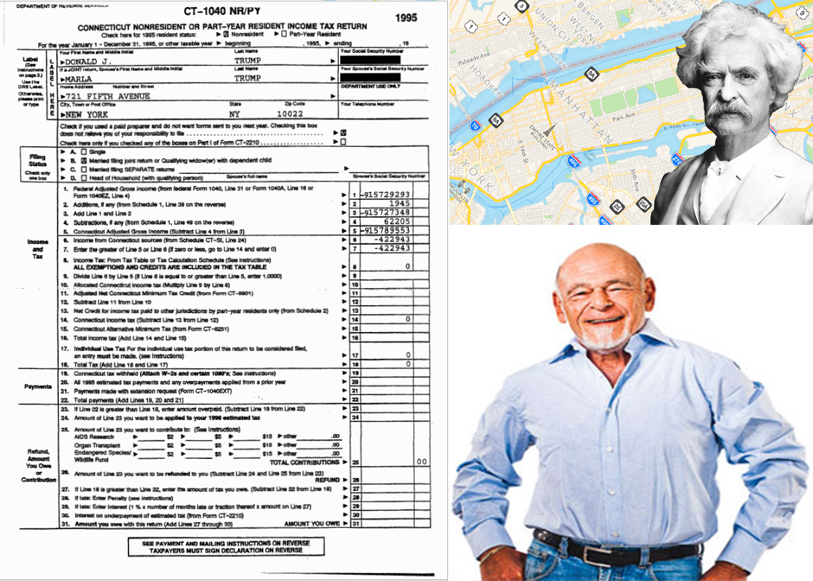Clockwise from left: A portion of Donald Trump’s 1995 tax returns, map of Manhattan and Mark Twain and Sam Zell