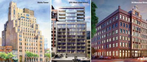 Stella Tower, Chelsea Green at 151 West 21st Street and the Schumacher at 36 Bleecker Street