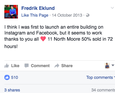 Fredrik Eklunds October 2013 Facebook post in which he claims 11 North Moore hit the 50 sold mark