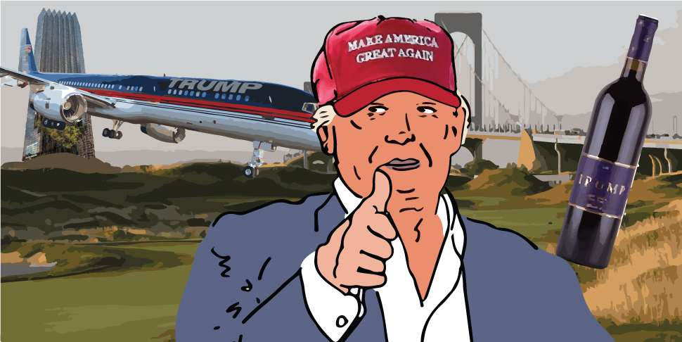 From left: Trump Tower, a Trump private airplane, Trump Golf Links at Ferry Point, Donald Trump and Trump wines (illustration by Lexi Pilgrim for The Real Deal)