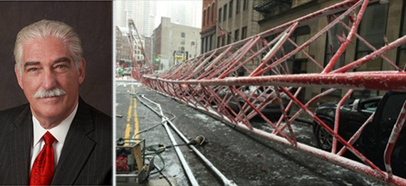 <em>From left: Lou Colletti and scene from February crane collapse on Worth Street</em>