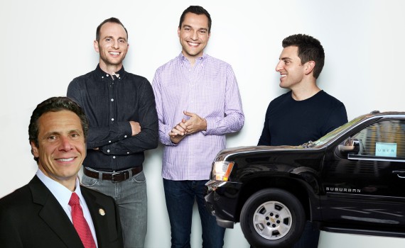 Gov. Andrew Cuomo, Airbnb founders Joe Gebbia, Nathan Blecharczyk and Brian Chesky and an Uber car