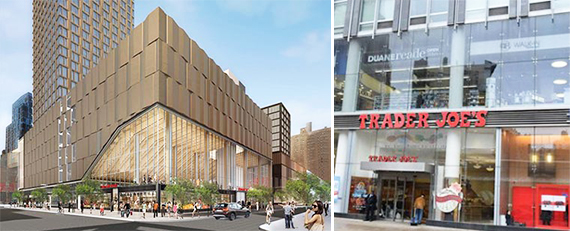 Rendering of Essex Crossing (credit: Handel Architects) and the facade of Trader Joe’s at 2073 Broadway (credit: Bisnow)