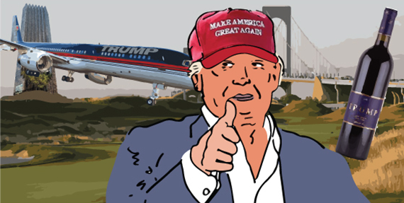 From left: Trump Tower, a Trump private airplane, Trump Golf Links at Ferry Point in New York, Donald Trump and Trump wines (illustration by Lexi Pilgrim for The Real Deal)