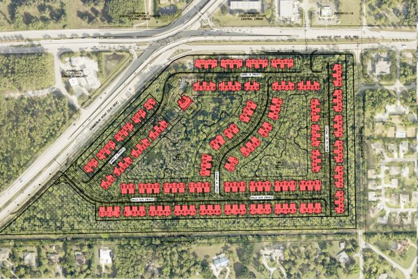 Aerial view of Venetian Pointe site in Fort Myers with graphic overlay showing locations of planned homes